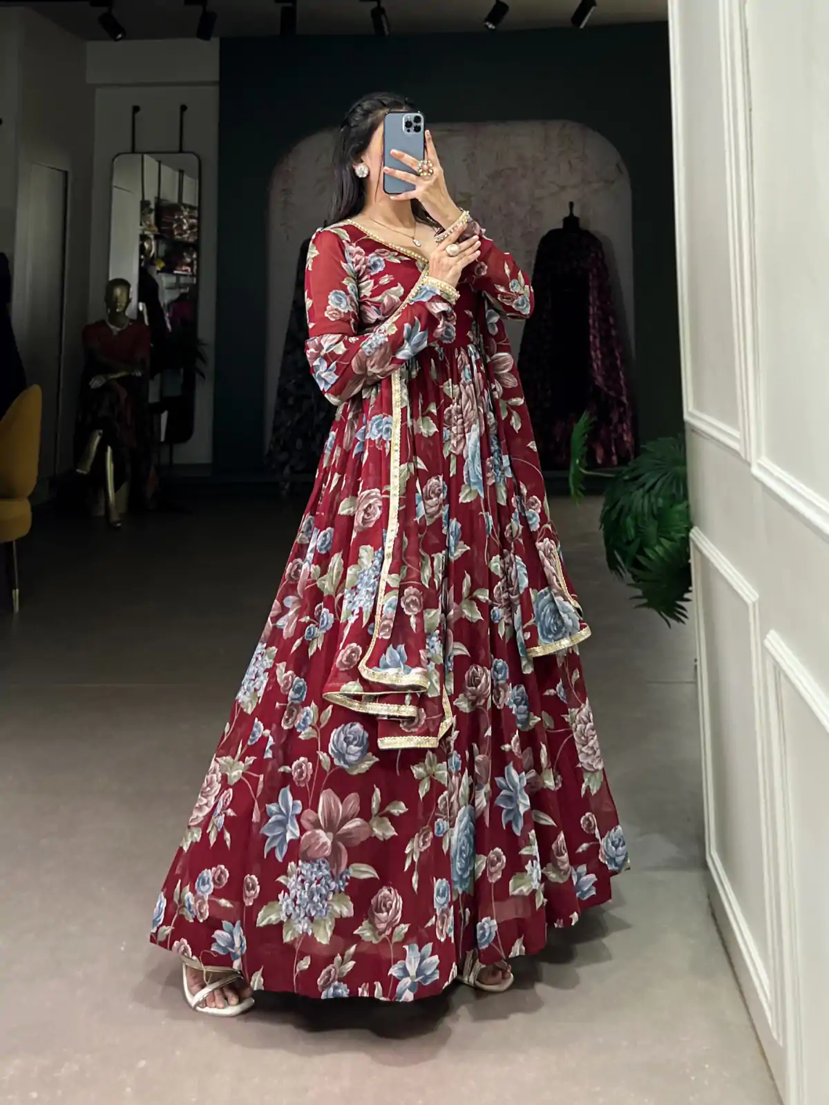 YNF 5103 Maroon Color Marble Floral Print Lace Touch Up Gown Casual, Wedding, Party, Festive, Events Etc. Expected Delivery 4-6 Working Days @1799/- | Gowns, Bollywood Gowns, Creative Gowns, Designer Gowns, Embroidered Gowns, Party Wear Gowns