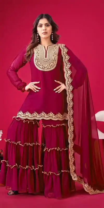 SRK 5236 Red Color Faux Georgette Embroidery Sequence Work Salwar Suit , Wedding, Party, Festive, Events Etc.4-6 Working Days@ 2099/-only | Casual Suits, Jump Suits, Salwar suit, Creative suits, Designer Suits, Palazzo Suits, Party Wear Suits, Patiala Suits, Straight Suits
