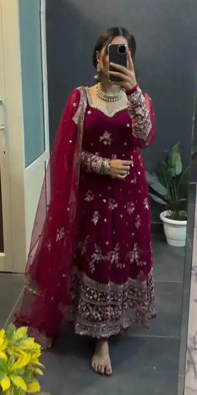 KD 1373 Red Color Georgette Thread With Sequence Salwar Suit Casual, Wedding, Party, Festive, Events Etc.4-6 Working Days@ 2049/-only | Casual Suits, Jump Suits, Salwar suit, Creative suits, Designer Suits, Palazzo Suits, Party Wear Suits, Patiala Suits, Straight Suits