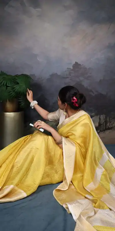 YNF 7403 Yellow Color Jacquard Chex Zari Weaving Work Saree Casual, Wedding, Festive, Events . Expected Delivery  4-6 Working Days @1499/- only                                                                                                                                             | Designer Sarees, Embroidered Sarees, Sarees, Bollywood Sarees, Creative Sarees, Ethnic Saree, Modern Digital sarees, Party Wear Sarees