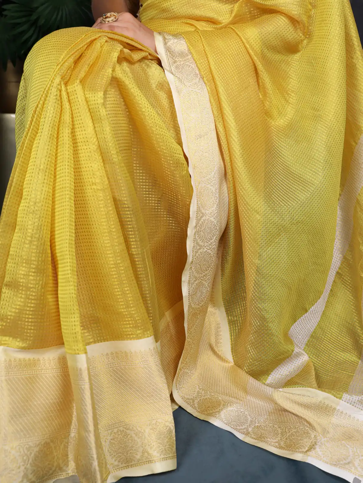 YNF 7403 Yellow Color Jacquard Chex Zari Weaving Work Saree Casual, Wedding, Festive, Events . Expected Delivery  4-6 Working Days @1499/- only                                                                                                                                             | Designer Sarees, Embroidered Sarees, Sarees, Bollywood Sarees, Creative Sarees, Ethnic Saree, Modern Digital sarees, Party Wear Sarees