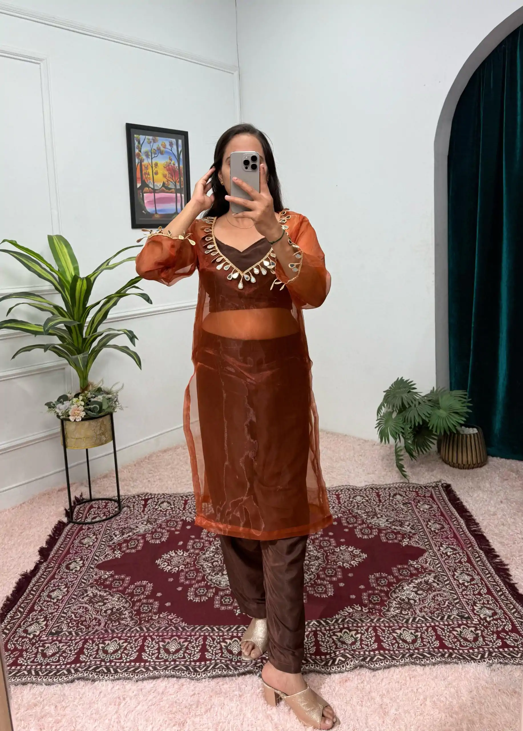 ST 1100 Brown Color Organza Mirror Lace Work Salwar Suit Casual, Wedding, Festive, Events . Expected Delivery  4-6 Working Days @1699/- only      | Casual Suits, Jump Suits, Salwar suit, Creative suits, Designer Suits, Palazzo Suits, Party Wear Suits, Patiala Suits, Straight Suits