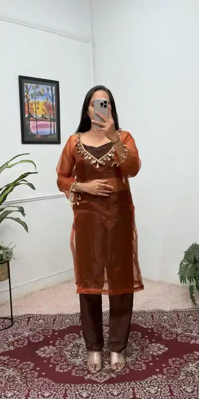 ST 1100 Brown Color Organza Mirror Lace Work Salwar Suit Casual, Wedding, Festive, Events . Expected Delivery  4-6 Working Days @1699/- only      | Casual Suits, Jump Suits, Salwar suit, Creative suits, Designer Suits, Palazzo Suits, Party Wear Suits, Patiala Suits, Straight Suits
