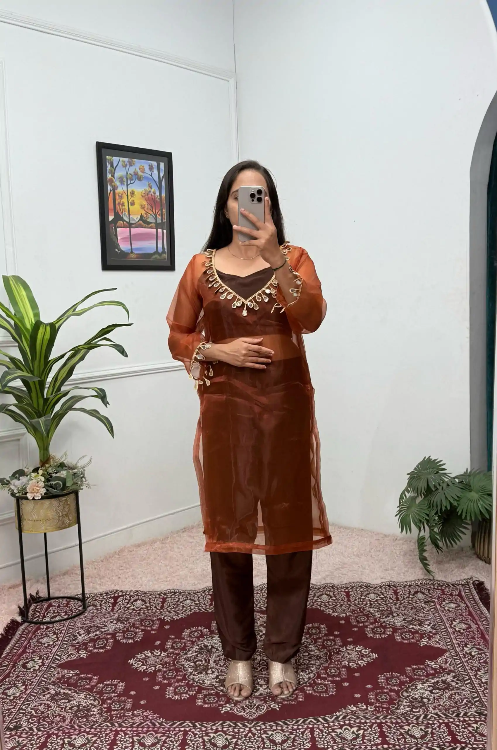 ST 1100 Brown Color Organza Mirror Lace Work Salwar Suit Casual, Wedding, Festive, Events . Expected Delivery  4-6 Working Days @1699/- only      | Casual Suits, Jump Suits, Salwar suit, Creative suits, Designer Suits, Palazzo Suits, Party Wear Suits, Patiala Suits, Straight Suits