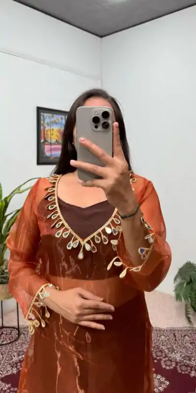 ST 1100 Brown Color Organza Mirror Lace Work Salwar Suit Casual, Wedding, Festive, Events . Expected Delivery  4-6 Working Days @1699/- only      | Casual Suits, Jump Suits, Salwar suit, Creative suits, Designer Suits, Palazzo Suits, Party Wear Suits, Patiala Suits, Straight Suits