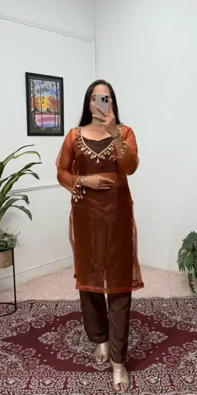ST 1100 Brown Color Organza Mirror Lace Work Salwar Suit Casual, Wedding, Festive, Events . Expected Delivery  4-6 Working Days @1699/- only      | Casual Suits, Jump Suits, Salwar suit, Creative suits, Designer Suits, Palazzo Suits, Party Wear Suits, Patiala Suits, Straight Suits