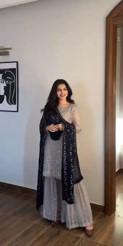 SRK 5246 Grey Color Faux Georgette Embroidery Sequence Beads Work Salwar Suit Casual, Wedding, Party, Festive, Events Etc.4-6 Working Days@ 2099/-only | Casual Suits, Jump Suits, Salwar suit, Creative suits, Designer Suits, Palazzo Suits, Party Wear Suits, Patiala Suits, Straight Suits