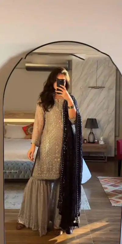 SRK 5246 Grey Color Faux Georgette Embroidery Sequence Beads Work Salwar Suit Casual, Wedding, Party, Festive, Events Etc.4-6 Working Days@ 2099/-only | Casual Suits, Jump Suits, Salwar suit, Creative suits, Designer Suits, Palazzo Suits, Party Wear Suits, Patiala Suits, Straight Suits