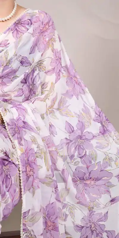 YNF 7006 Purple Color Weightless Marble Floral Print Pearl Lace Border Saree , Wedding, Festive, Events . Expected Delivery  4-6 Working Days @1599/- only                                                                                                                                             | Designer Sarees, Embroidered Sarees, Sarees, Bollywood Sarees, Creative Sarees, Ethnic Saree, Modern Digital sarees, Party Wear Sarees