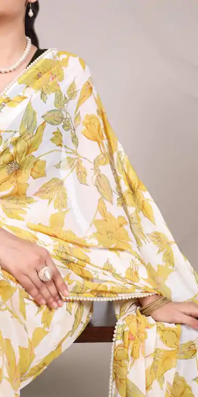 YNF 7006 Yellow Color Weightless Marble Floral Print Pearl Lace Border Saree , Wedding, Festive, Events . Expected Delivery  4-6 Working Days @1599/- only                                                                                                                                             | Designer Sarees, Embroidered Sarees, Sarees, Bollywood Sarees, Creative Sarees, Ethnic Saree, Modern Digital sarees, Party Wear Sarees