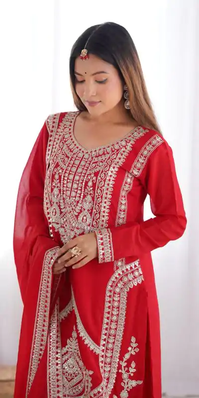 KB 280 Red Color Vichitra Silk Embroidery Sequence Salwar Suit Casual, Wedding, Party, Festive, Events Etc.4-6 Working Days@ 1969/-only | Casual Suits, Jump Suits, Salwar suit, Creative suits, Designer Suits, Palazzo Suits, Party Wear Suits, Patiala Suits, Straight Suits