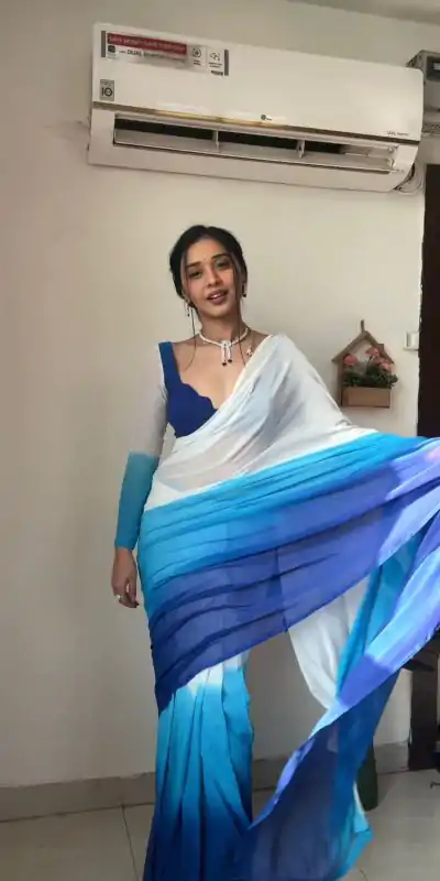 SC 230 White And Blue Color Soft Georgette Silk Ready To Wear Saree Casual, Wedding, Festive, Events . Expected Delivery  4-6 Working Days @1549/- only                                                                                                                                             | Designer Sarees, Embroidered Sarees, Sarees, Bollywood Sarees, Creative Sarees, Ethnic Saree, Modern Digital sarees, Party Wear Sarees