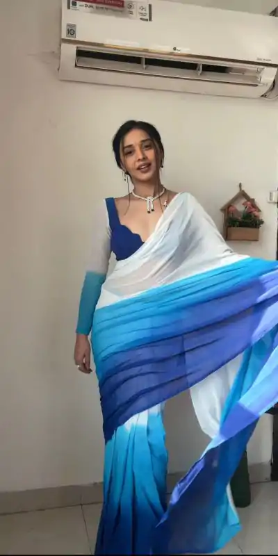 SC 230 White And Blue Color Soft Georgette Silk Ready To Wear Saree Casual, Wedding, Festive, Events . Expected Delivery  4-6 Working Days @1549/- only                                                                                                                                             | Designer Sarees, Embroidered Sarees, Sarees, Bollywood Sarees, Creative Sarees, Ethnic Saree, Modern Digital sarees, Party Wear Sarees