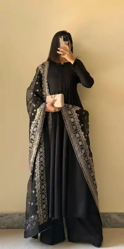 KD 1502 Black Chinon Silk With Inner Plain Anarkali Gown Casual, Wedding, Festive, Events . Expected Delivery  4-6 Working Days @1999/- only      | Casual Suits, Jump Suits, Salwar suit, Creative suits, Designer Suits, Palazzo Suits, Party Wear Suits, Patiala Suits, Straight Suits