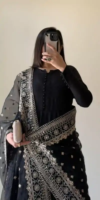 KD 1502 Black Chinon Silk With Inner Plain Anarkali Gown Casual, Wedding, Festive, Events . Expected Delivery  4-6 Working Days @1999/- only      | Casual Suits, Jump Suits, Salwar suit, Creative suits, Designer Suits, Palazzo Suits, Party Wear Suits, Patiala Suits, Straight Suits