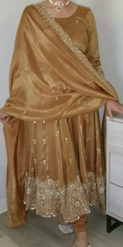 ZF 412 Gold Color Barbari Silk With Embroidery Work Gown Casual, Wedding, Party, Festive, Events Etc.4-6 Working Days@ 2149/-only | Gowns, Bollywood Gowns, Creative Gowns, Designer Gowns, Embroidered Gowns, Party Wear Gowns