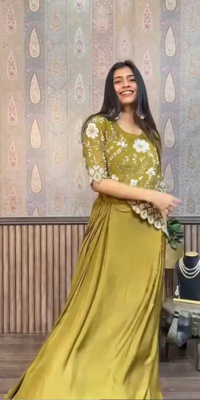 LG 1937 Mehndi Color Chinon Sequence Work Skirt Suit Casual, Wedding, Festive, Events . Expected Delivery  4-6 Working Days @1999/- only      | Casual Suits, Jump Suits, Salwar suit, Creative suits, Designer Suits, Palazzo Suits, Party Wear Suits, Patiala Suits, Straight Suits