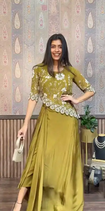 LG 1937 Mehndi Color Chinon Sequence Work Skirt Suit Casual, Wedding, Festive, Events . Expected Delivery  4-6 Working Days @1999/- only      | Casual Suits, Jump Suits, Salwar suit, Creative suits, Designer Suits, Palazzo Suits, Party Wear Suits, Patiala Suits, Straight Suits