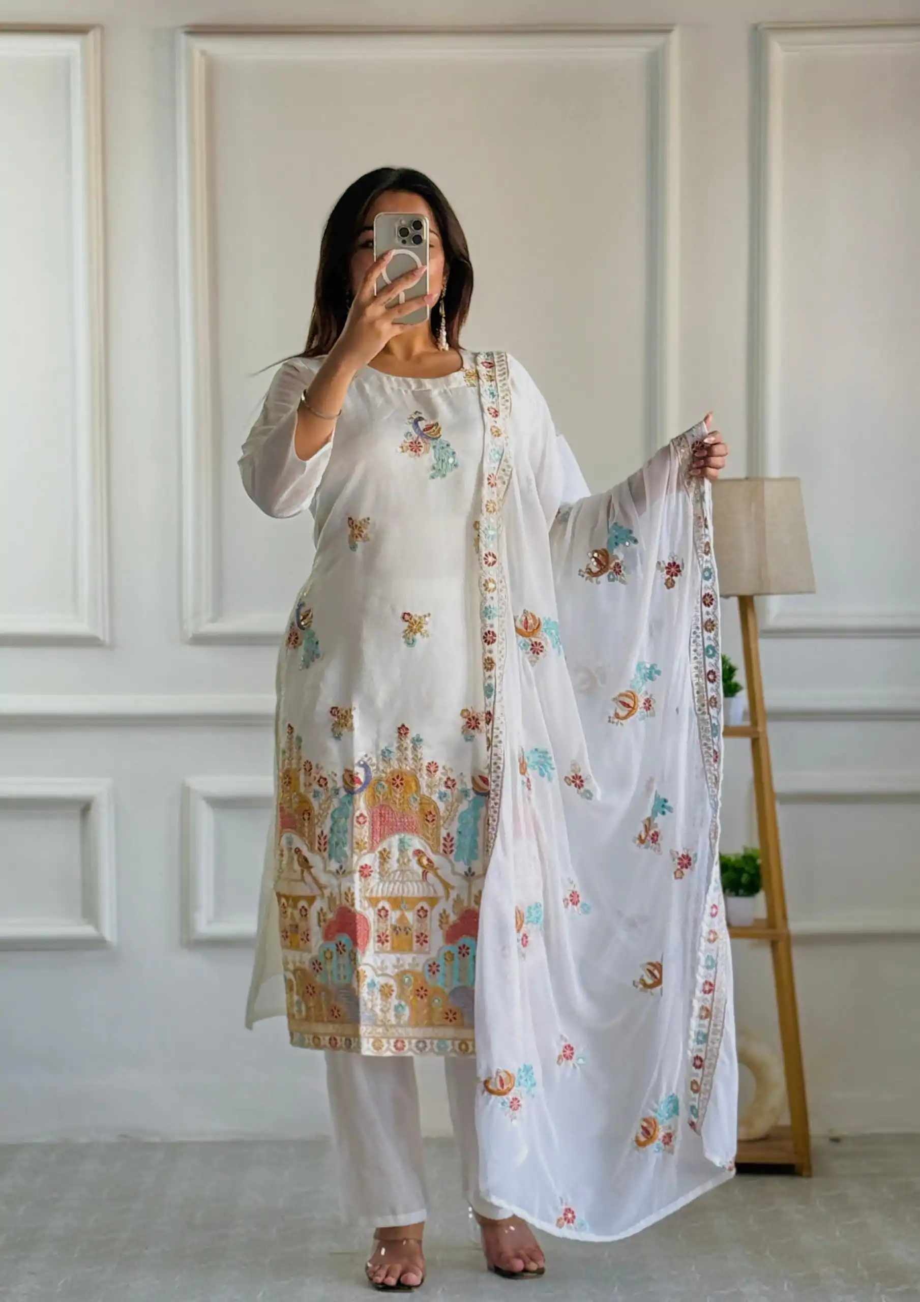 VLM 244 White Color Roman Silk With Embroidery Work Salwar Suit Casual, Wedding, Festive, Events . Expected Delivery  4-6 Working Days @2099/- only      | Casual Suits, Jump Suits, Salwar suit, Creative suits, Designer Suits, Palazzo Suits, Party Wear Suits, Patiala Suits, Straight Suits