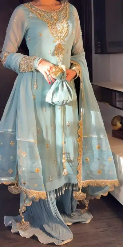 SRK 5251Sky blue Color Georgette Sequence Beads Work Salwar Suit Casual, Wedding, Festive, Events . Expected Delivery  4-6 Working Days @2149/- only      | Casual Suits, Jump Suits, Salwar suit, Creative suits, Designer Suits, Palazzo Suits, Party Wear Suits, Patiala Suits, Straight Suits