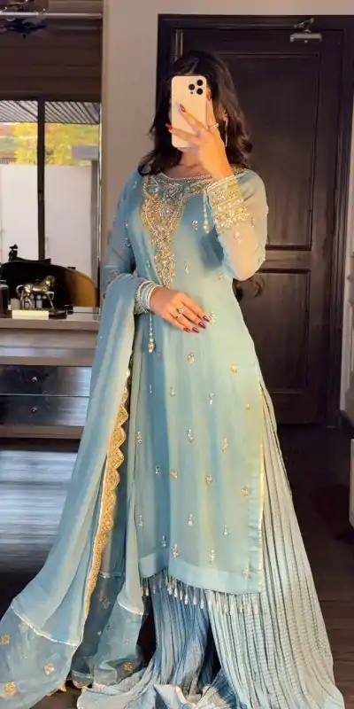 SRK 5251Sky blue Color Georgette Sequence Beads Work Salwar Suit Casual, Wedding, Festive, Events . Expected Delivery 4-6 Working Days @2149/- only | Casual Suits, Jump Suits, Salwar suit, Creative suits, Designer Suits, Palazzo Suits, Party Wear Suits, Patiala Suits, Straight Suits