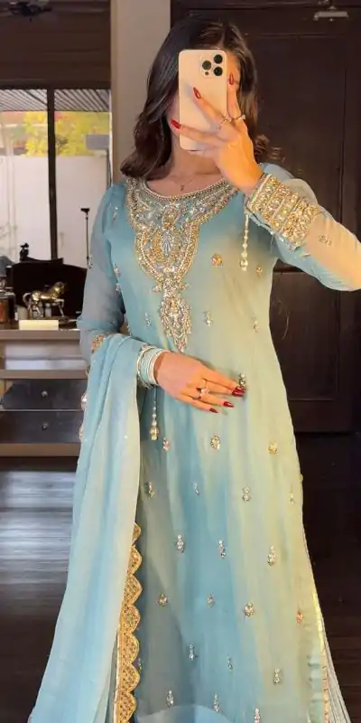 SRK 5251Sky blue Color Georgette Sequence Beads Work Salwar Suit Casual, Wedding, Festive, Events . Expected Delivery  4-6 Working Days @2149/- only      | Casual Suits, Jump Suits, Salwar suit, Creative suits, Designer Suits, Palazzo Suits, Party Wear Suits, Patiala Suits, Straight Suits
