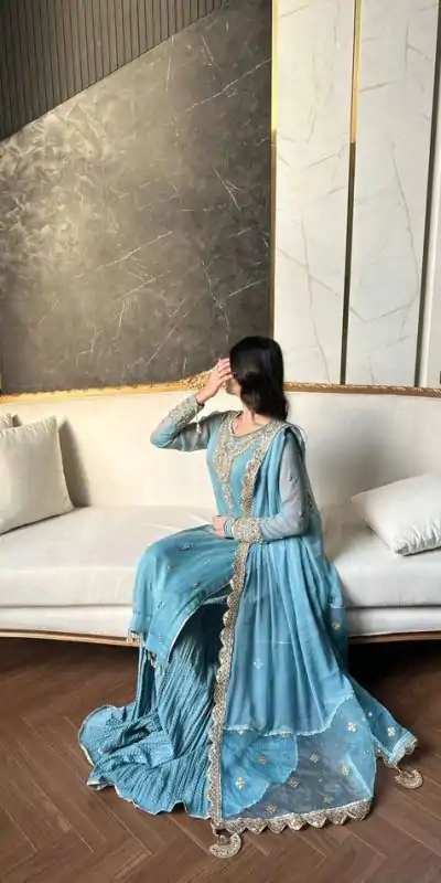 SRK 5251Sky blue Color Georgette Sequence Beads Work Salwar Suit Casual, Wedding, Festive, Events . Expected Delivery  4-6 Working Days @2149/- only      | Casual Suits, Jump Suits, Salwar suit, Creative suits, Designer Suits, Palazzo Suits, Party Wear Suits, Patiala Suits, Straight Suits