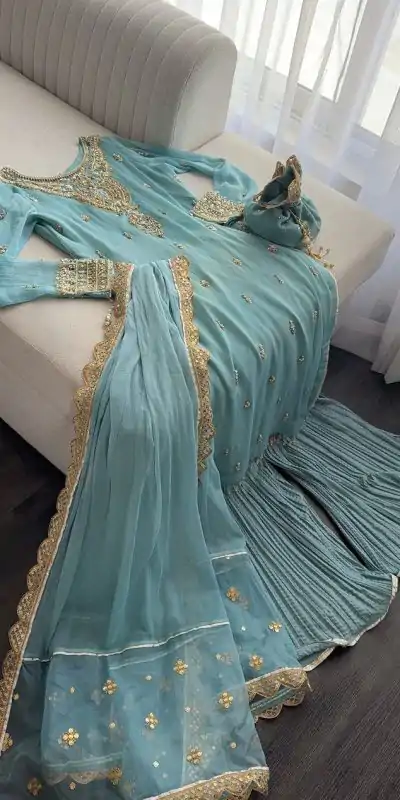 SRK 5251Sky blue Color Georgette Sequence Beads Work Salwar Suit Casual, Wedding, Festive, Events . Expected Delivery  4-6 Working Days @2149/- only      | Casual Suits, Jump Suits, Salwar suit, Creative suits, Designer Suits, Palazzo Suits, Party Wear Suits, Patiala Suits, Straight Suits