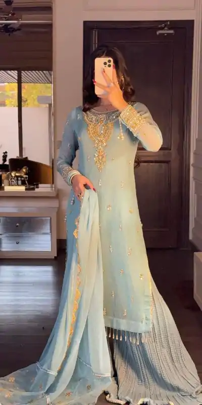SRK 5251Sky blue Color Georgette Sequence Beads Work Salwar Suit Casual, Wedding, Festive, Events . Expected Delivery  4-6 Working Days @2149/- only      | Casual Suits, Jump Suits, Salwar suit, Creative suits, Designer Suits, Palazzo Suits, Party Wear Suits, Patiala Suits, Straight Suits