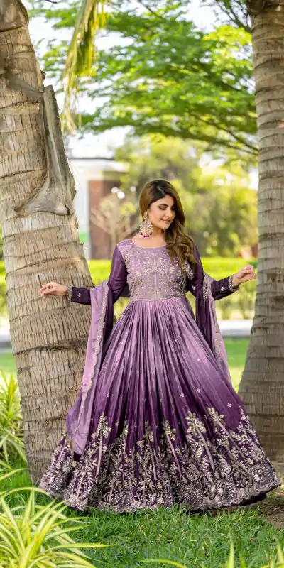 Ram 096 Purple Color Chinon Sequence Embroidery Work Gown Casual, Wedding, Festive, Events . Expected Delivery  4-6 Working Days @2449/- only                                                                                                                                             | Gowns, Bollywood Gowns, Creative Gowns, Designer Gowns, Embroidered Gowns, Party Wear Gowns, Straight Suits