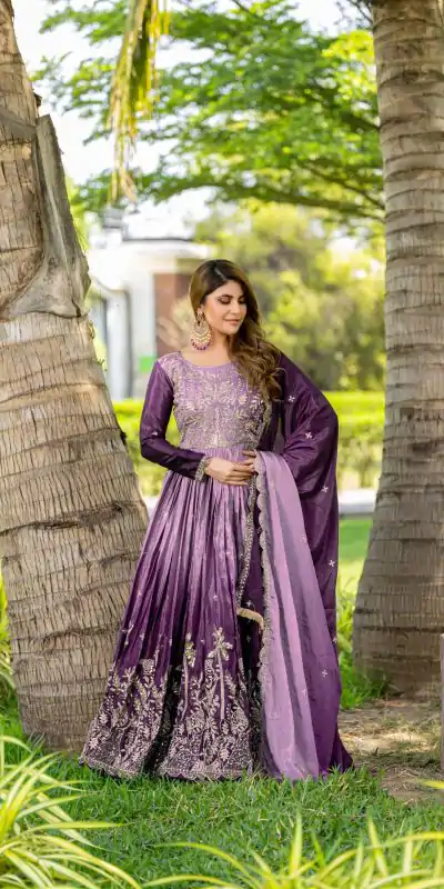 Ram 096 Purple Color Chinon Sequence Embroidery Work Gown Casual, Wedding, Festive, Events . Expected Delivery  4-6 Working Days @2449/- only                                                                                                                                             | Gowns, Bollywood Gowns, Creative Gowns, Designer Gowns, Embroidered Gowns, Party Wear Gowns, Straight Suits