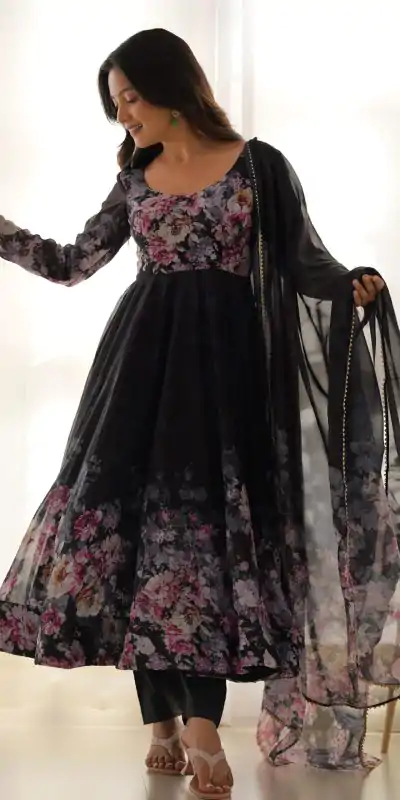 KB 261 Black Color Soft Organza Silk Print With Kali Gown Casual, Wedding, Party, Festive, Events Etc.4-6 Working Days@ 1999/-only | Gowns, Bollywood Gowns, Creative Gowns, Designer Gowns, Embroidered Gowns, Party Wear Gowns