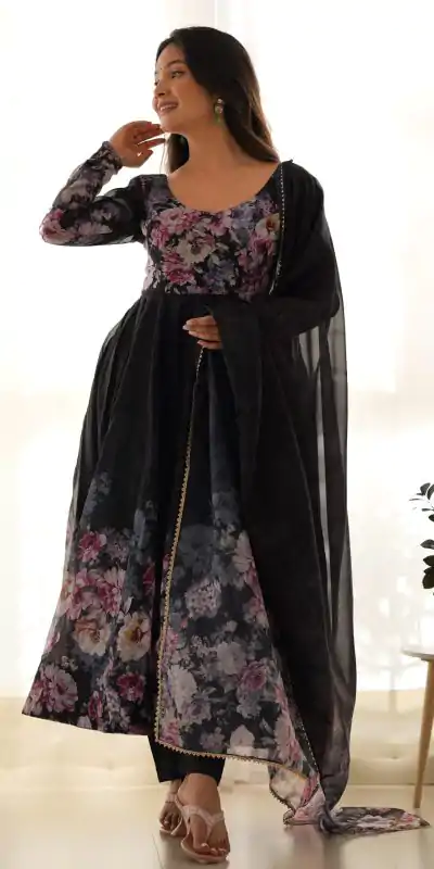 KB 261 Black Color Soft Organza Silk Print With Kali Gown Casual, Wedding, Party, Festive, Events Etc.4-6 Working Days@ 1999/-only | Gowns, Bollywood Gowns, Creative Gowns, Designer Gowns, Embroidered Gowns, Party Wear Gowns