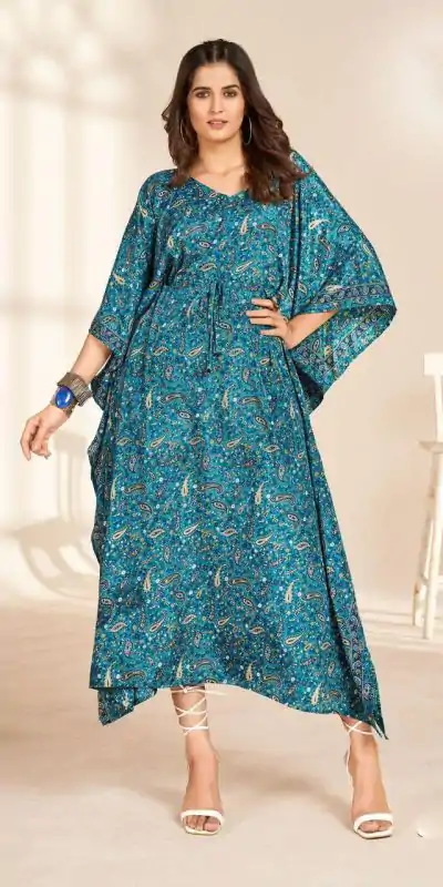 INLI Kaftan vol 2.0 Blue Color Heavy French Crape Print Kaftan Suit Casual, Wedding, Party, Festive, Events Etc.4-6 Working Days@ 1399/-only | Casual Suits, Jump Suits, Salwar suit, Creative suits, Designer Suits, Palazzo Suits, Party Wear Suits, Patiala Suits, Straight Suits
