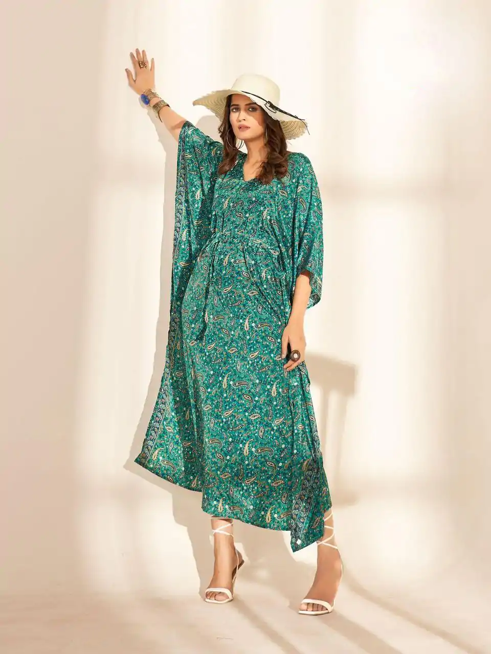 INLI Kaftan vol 2.0 Green Color Heavy French Crape Print Kaftan Suit Casual, Wedding, Party, Festive, Events Etc.4-6 Working Days@ 1399/-only | Casual Suits, Jump Suits, Salwar suit, Creative suits, Designer Suits, Palazzo Suits, Party Wear Suits, Patiala Suits, Straight Suits