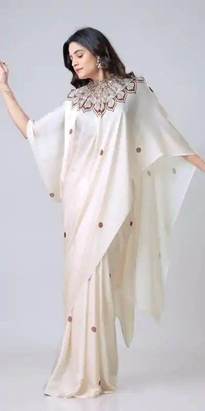 ST 1102B Cream Color Japan Satin Digital Print Work Saree Casual, Wedding, Festive, Events . Expected Delivery  4-6 Working Days @1849/- only      | Designer Sarees, Embroidered Sarees, Sarees, Bollywood Sarees, Creative Sarees, Ethnic Saree, Modern Digital sarees, Party Wear Sarees