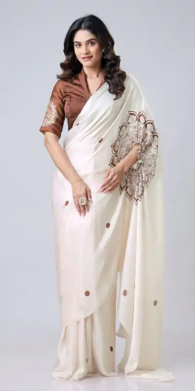 ST 1102B Cream Color Japan Satin Digital Print Work Saree Casual, Wedding, Festive, Events . Expected Delivery  4-6 Working Days @1849/- only      | Designer Sarees, Embroidered Sarees, Sarees, Bollywood Sarees, Creative Sarees, Ethnic Saree, Modern Digital sarees, Party Wear Sarees