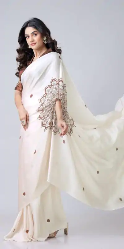 ST 1102B Cream Color Japan Satin Digital Print Work Saree Casual, Wedding, Festive, Events . Expected Delivery  4-6 Working Days @1849/- only      | Designer Sarees, Embroidered Sarees, Sarees, Bollywood Sarees, Creative Sarees, Ethnic Saree, Modern Digital sarees, Party Wear Sarees