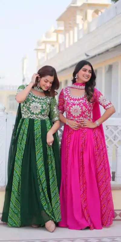Ram 075 Green Color Bandhej Fox Georgette Sequence Work Gown Casual, Wedding, Party, Festive, Events Etc.4-6 Working Days@ 2049/-only | Gowns, Bollywood Gowns, Creative Gowns, Designer Gowns, Embroidered Gowns, Party Wear Gowns