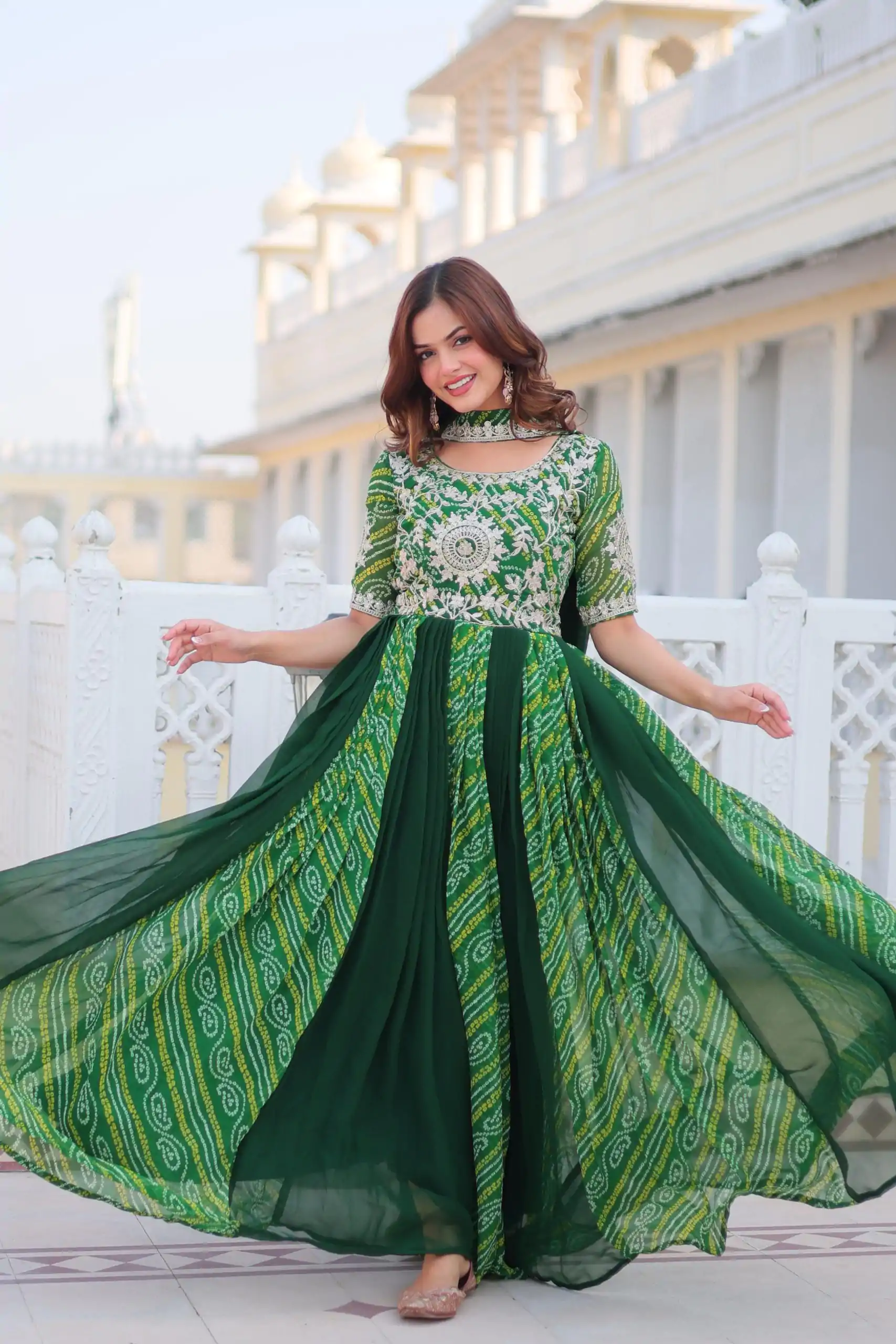 Ram 075 Green Color Bandhej Fox Georgette Sequence Work Gown Casual, Wedding, Party, Festive, Events Etc.4-6 Working Days@ 2049/-only | Gowns, Bollywood Gowns, Creative Gowns, Designer Gowns, Embroidered Gowns, Party Wear Gowns