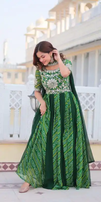Ram 075 Green Color Bandhej Fox Georgette Sequence Work Gown Casual, Wedding, Party, Festive, Events Etc.4-6 Working Days@ 2049/-only | Gowns, Bollywood Gowns, Creative Gowns, Designer Gowns, Embroidered Gowns, Party Wear Gowns