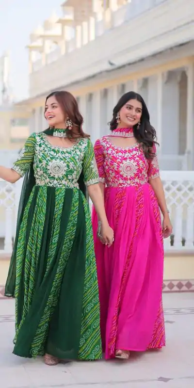 Ram 075 Green Color Bandhej Fox Georgette Sequence Work Gown Casual, Wedding, Party, Festive, Events Etc.4-6 Working Days@ 2049/-only | Gowns, Bollywood Gowns, Creative Gowns, Designer Gowns, Embroidered Gowns, Party Wear Gowns