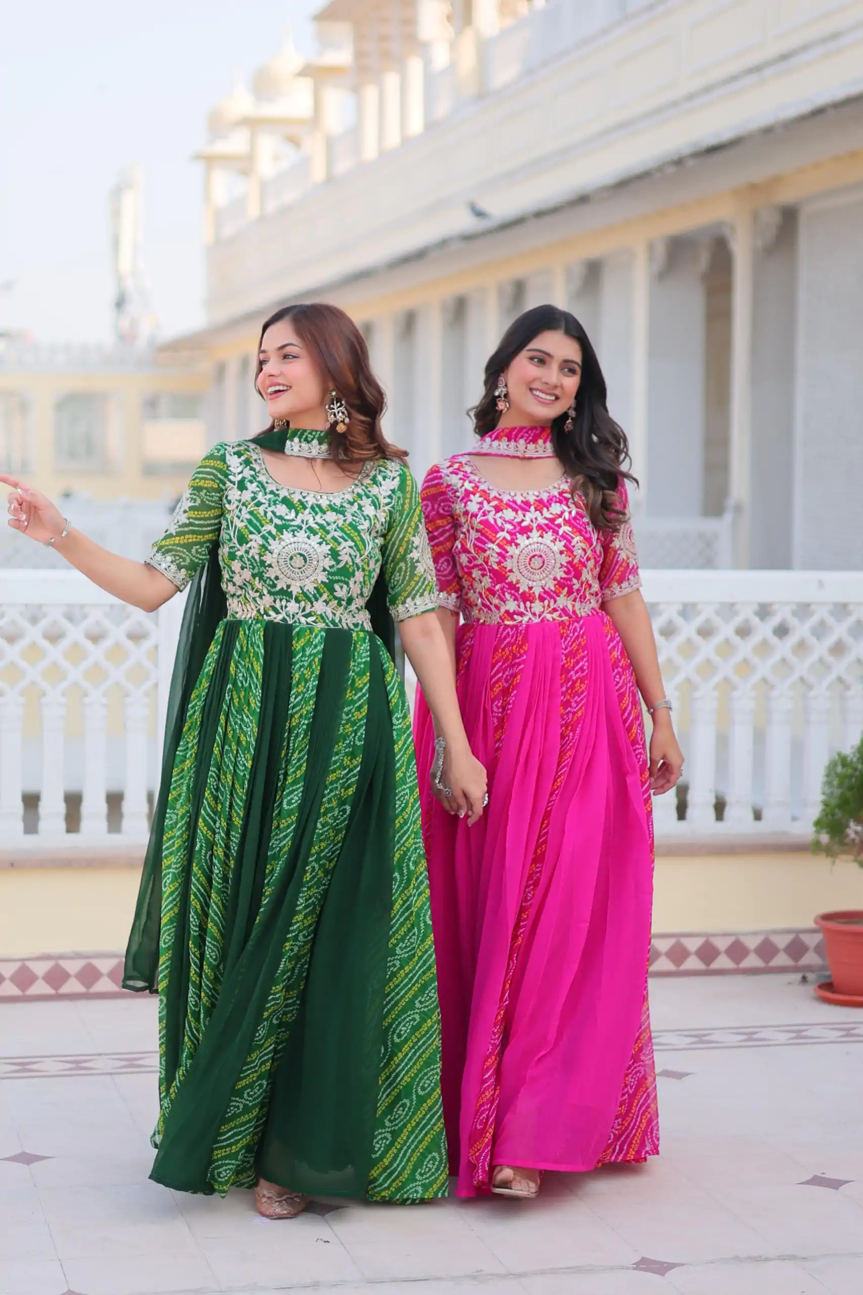 Ram 075 Green Color Bandhej Fox Georgette Sequence Work Gown Casual, Wedding, Party, Festive, Events Etc.4-6 Working Days@ 2049/-only | Gowns, Bollywood Gowns, Creative Gowns, Designer Gowns, Embroidered Gowns, Party Wear Gowns