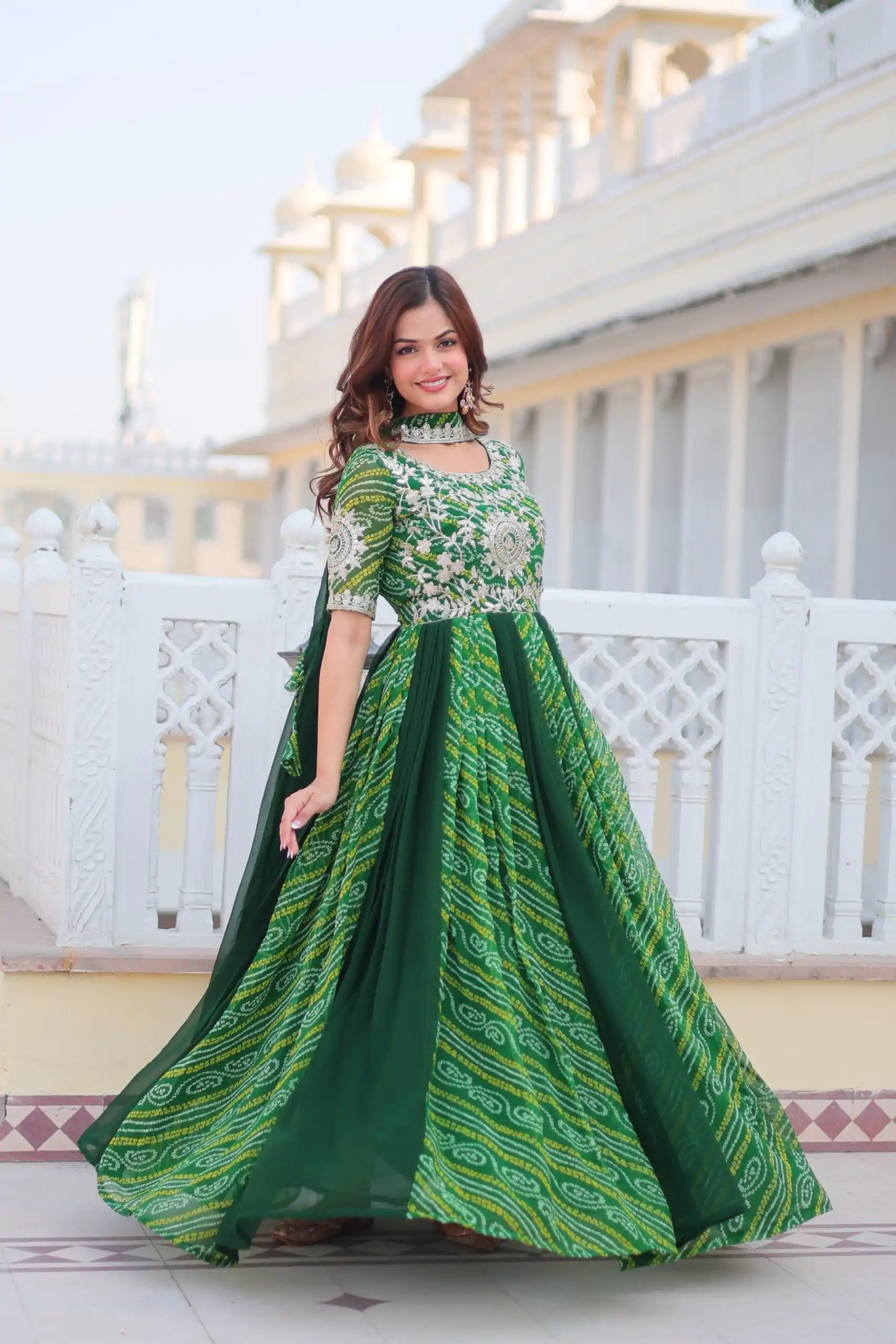 Ram 075 Green Color Bandhej Fox Georgette Sequence Work Gown Casual, Wedding, Party, Festive, Events Etc.4-6 Working Days@ 2049/-only | Gowns, Bollywood Gowns, Creative Gowns, Designer Gowns, Embroidered Gowns, Party Wear Gowns