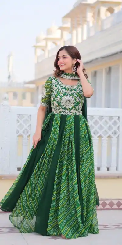 Ram 075 Green Color Bandhej Fox Georgette Sequence Work Gown Casual, Wedding, Party, Festive, Events Etc.4-6 Working Days@ 2049/-only | Gowns, Bollywood Gowns, Creative Gowns, Designer Gowns, Embroidered Gowns, Party Wear Gowns