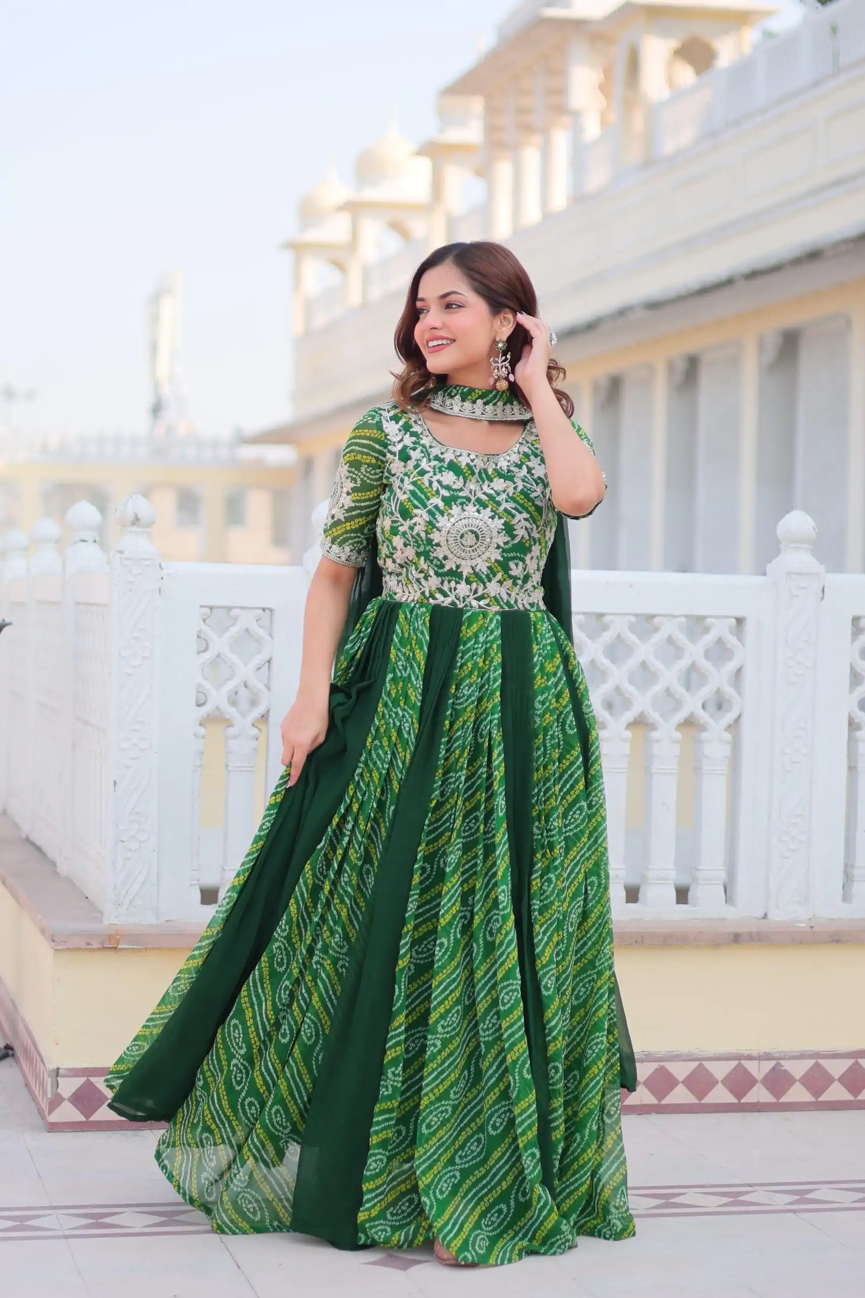 Ram 075 Green Color Bandhej Fox Georgette Sequence Work Gown Casual, Wedding, Party, Festive, Events Etc.4-6 Working Days@ 2049/-only | Gowns, Bollywood Gowns, Creative Gowns, Designer Gowns, Embroidered Gowns, Party Wear Gowns
