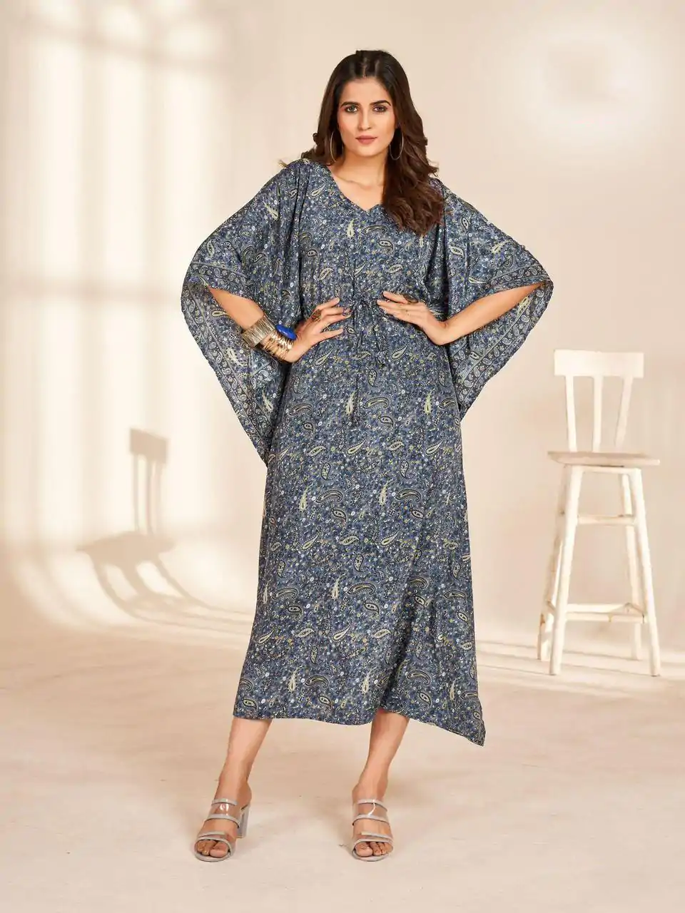 INLI Kaftan vol 2.0 Grey Color Heavy French Crape Print Kaftan Suit Casual, Wedding, Party, Festive, Events Etc.4-6 Working Days@ 1399/-only | Casual Suits, Jump Suits, Salwar suit, Creative suits, Designer Suits, Palazzo Suits, Party Wear Suits, Patiala Suits, Straight Suits
