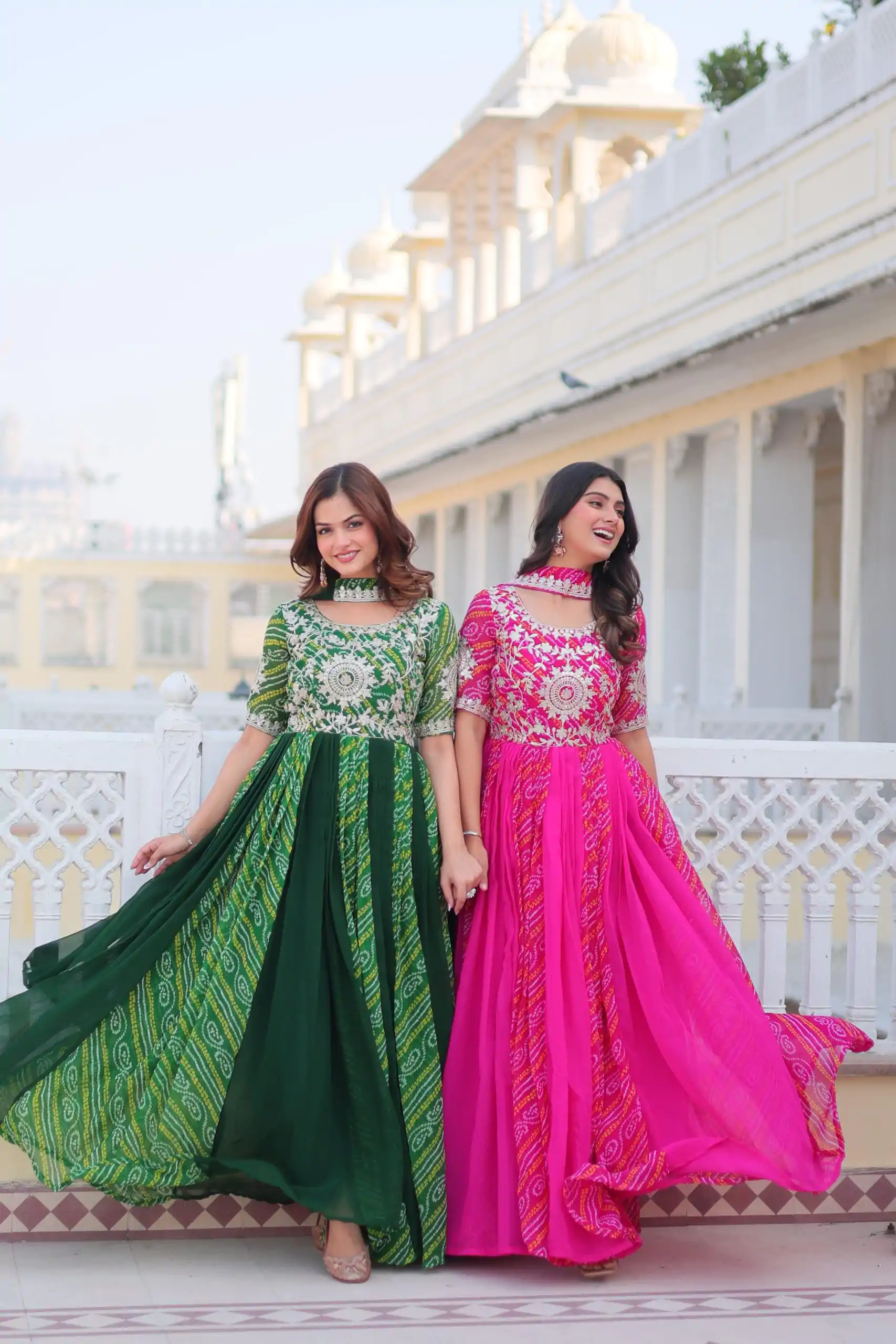 Ram 075 Pink Color Bandhej Fox Georgette Sequence Work Gown Casual, Wedding, Party, Festive, Events Etc.4-6 Working Days@ 2049/-only | Gowns, Bollywood Gowns, Creative Gowns, Designer Gowns, Embroidered Gowns, Party Wear Gowns