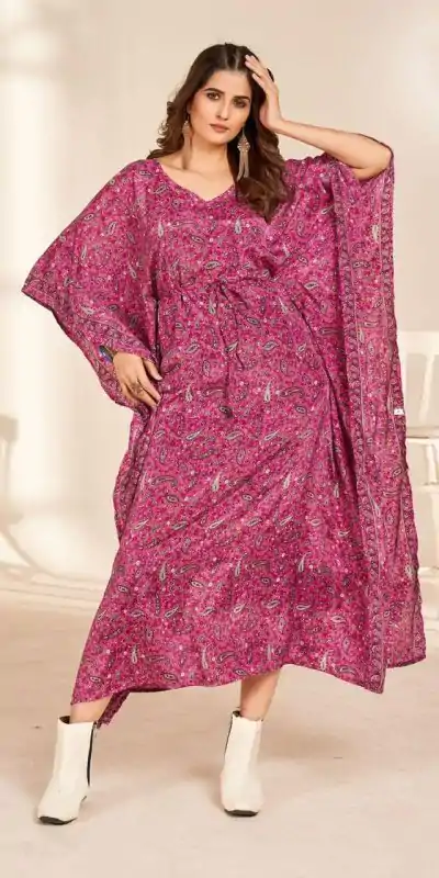 INLI Kaftan vol 2.0 Pink Color Heavy French Crape Print Kaftan Suit Casual, Wedding, Party, Festive, Events Etc.4-6 Working Days@ 1399/-only | Casual Suits, Jump Suits, Salwar suit, Creative suits, Designer Suits, Palazzo Suits, Party Wear Suits, Patiala Suits, Straight Suits