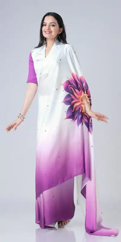 ST 1102 Purple White Color Japan Satin Digital Print Work Saree Casual, Wedding, Festive, Events . Expected Delivery  4-6 Working Days @1849/- only      | Designer Sarees, Embroidered Sarees, Sarees, Bollywood Sarees, Creative Sarees, Ethnic Saree, Modern Digital sarees, Party Wear Sarees